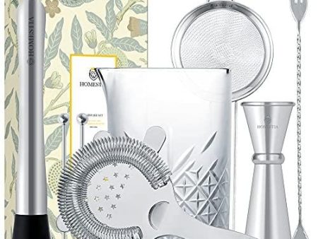 Cocktail Mixing Glass Barware Tool Set includes 24oz Thick Crystal Cocktail Mixer, Hawthorne Strainer, Small Strainer, Double Jigger, Barspoon, Muddler, 2 Pourers, 2 Skewers Gift Set by Homestia Sale