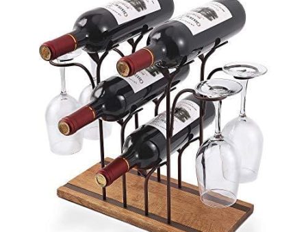 Tabletop Wood Wine Holder, Countertop Wine Rack, Hold 4 Wine Bottles and 4 Glasses, Perfect for Home Decor & Kitchen Storage Rack, Bar, Wine Cellar, Cabinet, Pantry, etc, Wood & Metal (Bronze) Online