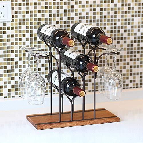 Tabletop Wood Wine Holder, Countertop Wine Rack, Hold 4 Wine Bottles and 4 Glasses, Perfect for Home Decor & Kitchen Storage Rack, Bar, Wine Cellar, Cabinet, Pantry, etc, Wood & Metal (Bronze) Online