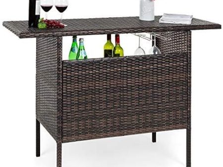 Best Choice Products Outdoor Patio Wicker Bar Counter Table Backyard Furniture w  2 Steel Shelves and 2 Sets of Rails - Brown For Sale