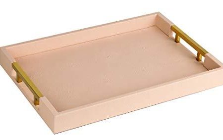 Home Redefined Modern Elegant 18 x12  Rectangle Pink Glossy Shagreen Decorative Ottoman Coffee Table Perfume Living Room Kitchen Serving Tray with Gold Polished Metal Handles for All Occasion s For Discount