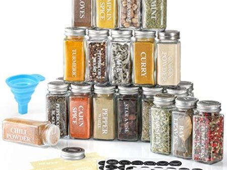 AOZITA 24 Pcs Glass Spice Jars   Bottles with Spice Labels - 4oz Empty Square Spice Containers, Condiment Pot - Shaker Lids and Airtight Metal Caps - Silicone Collapsible Funnel Included Online