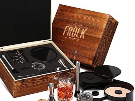 Frolk Complete Bar Set - Bar Tools - Cocktail Set: Mixing Glass, Cocktail Glasses Rimmer, Spoon, Muddler, Jigger - Mixology Bar Accessories Tool Kit - Bartender Barware Mixer Set in Wooden Gift Box Supply