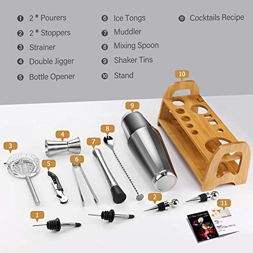 Bartender Kit, 13 Piece Boston Cocktail Shaker Stainless Steel Bartender Set with Shaker Tins,Measuring Jigger, Spoon, Pourers, Muddler, Strainer, Tongs, Bottle Stoppers, Opener, Stand, Recipes Hot on Sale