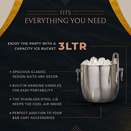 Bellemain Stainless Steel Ice Bucket with Lid - Double Wall Insulated Ice Bucket for Cocktail Bar, Parties, Buffet - Bartender Ice Cube Holder with Drip Tray, Tongs - 3 Liter Large Ice Container For Sale