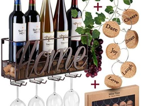 Wall Mounted Wine Rack - Bottle & Glass Holder - Cork Storage Store Red, White, Champagne - Come with 6 Cork Wine Charms - Home & Kitchen Décor - Storage Rack - Designed by Anna Stay,Home Online now