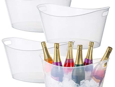 Zilpoo 4 Pack - Large Plastic Oval Storage Tub, 18 Liter Wine, Beer Bottle Drink Cooler, Parties Ice Bucket, Party Beverage Chiller Bin, Baskets, Clear Sale