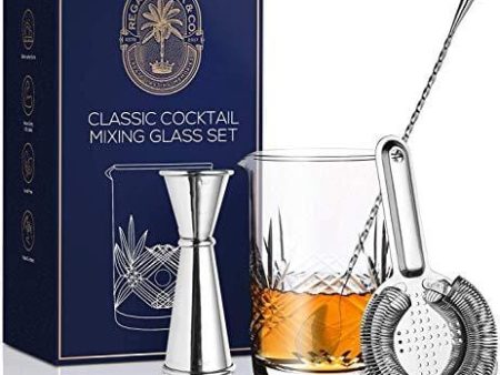 Classic Cocktail Mixing Glass Set – Seamless Weighted Lead-Free Handcrafted Crystal Mixing Glass Yarai Style | Stainless Steel Bar Spoon, Hawthorne Strainer, Japanese Jigger and Glass Polishing Cloth For Sale