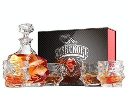 Ashcroft 5-Piece Everest Whiskey Decanter Set. 4 Glasses and Scotch Decanter with Stopper. Unique Elegant Dishwasher Safe Glass Liquor Bourbon Decanter Ultra - Clarity Glassware Sale