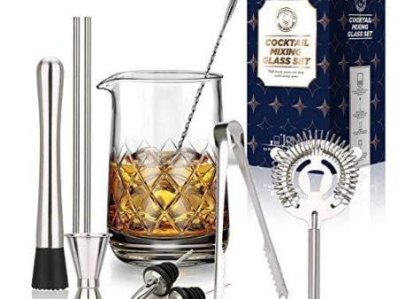 Crystal Cocktail Mixing Glass Set -10 Piece Bartender Kit - 25 oz Thick Bottom Mixing Glass with Spoon, Straw, Ice Tongs, Jigger, Pourer, Strainer, Muddler - Professional Quality, Makes a Great Gift Discount