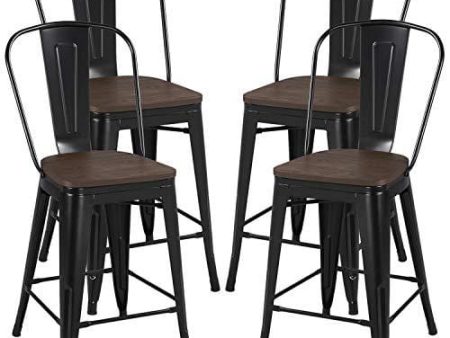 Yaheetech 24Inch Seat Height Tolix Style Dining Stools Chairs with Wood Seat Top and High Backrest, Industrial Metal Counter Height Stool, Modern Kitchen Dining Bar Chairs Rustic, Black, Set of 4 Online now