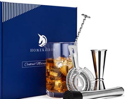 Premium Cocktail Mixing Glass Bar Set: 5 Piece Bartender Kit: 18oz Seamless Lead Free Crystal Mixing Glass with Weighted Thick Bottom, Hawthorne Strainer, Japanese Jigger, Mixing Spoon and Muddler For Discount