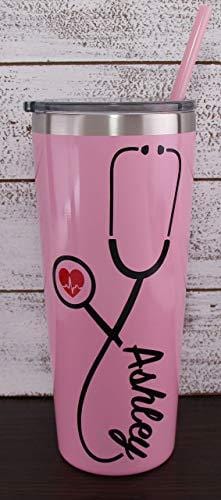 22 oz Nurse s Personalized Stainless Steel Tumbler with Custom Stethoscope Vinyl Decal by Avito - Includes Straw and Lid - Nurse RN - Nurse Gift Supply