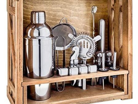 18 Piece Cocktail Shaker Set with Rustic Pine Stand,Gifts for Men Dad Grandpa,Stainless Steel Bartender Kit Bar Tools Set for Christmas Gift,Home, Bars, Parties and Traveling (Silver) on Sale