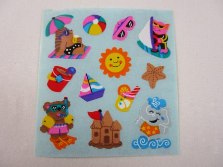 Sandylion Bear Animal Beach Vacation Sticker Sheet   Module - Vintage & Collectible - Rare Blue Backing Discount