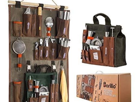 Bartender Wall Organizer With Bar tool Set | Professional Bartender Kit With Waxed Canvas Organiser Including Portable Bar Bag for Cocktail Kit | Perfect for Home Bartending Supply