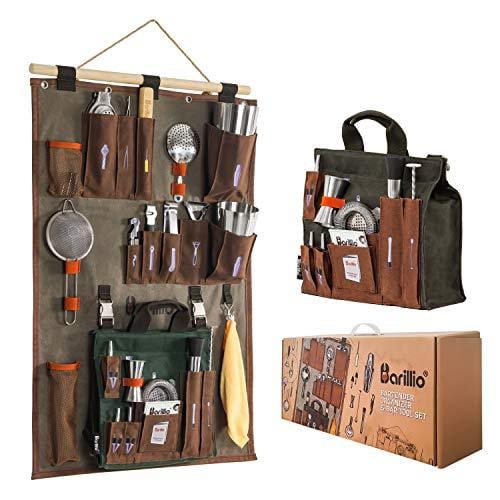 Bartender Wall Organizer With Bar tool Set | Professional Bartender Kit With Waxed Canvas Organiser Including Portable Bar Bag for Cocktail Kit | Perfect for Home Bartending Supply