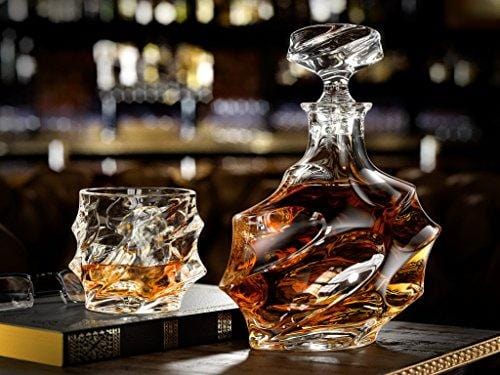 Ashcroft 5-Piece Everest Whiskey Decanter Set. 4 Glasses and Scotch Decanter with Stopper. Unique Elegant Dishwasher Safe Glass Liquor Bourbon Decanter Ultra - Clarity Glassware Sale