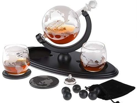 Globe Whiskey Decanter Gift Set by Royal Reserve | Home Bar Decor Liquor Dispenser with Scotch Glasses Coaster and Whiskey Stones – Gift for Men Dad Boyfriend Husband Anniversary or Retirement 850 ML Online now