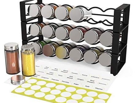 X-cosrack 3 Tier Stackable Spice Holder Storage Rack Wall Hanging Mount with 18 Glass Empty Jars & 48 Labels Stackable or 3 Rack Independent Use Freestanding Black Frosted Iron Seasoning Condiment Display Shelf Online Hot Sale