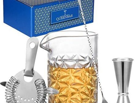 LESI Classic Cocktail Mixing Glass Set Crystal Stirring Glass Bartender Kit 4-Piece with Spoon, Strainer, Jigger Online