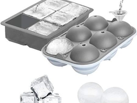 TINANA Ice Cube Tray, 2” Ice Cube Trays & 2” Ice Ball Mold, 2Pack Large Round Sphere Ice Ball Maker, Silicone Square Ice Cube Trays for Chilled Whiskey, Cocktails, Bourbon&Brandy(Gray) Online Hot Sale