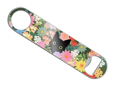 Black Cat Hiding in Spring Flowers Stainless Steel Vinyl Covered Flat Bartender Speed Bar Bottle Opener Supply