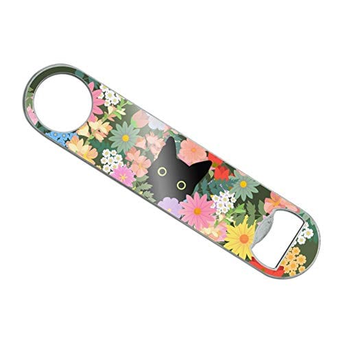 Black Cat Hiding in Spring Flowers Stainless Steel Vinyl Covered Flat Bartender Speed Bar Bottle Opener Supply