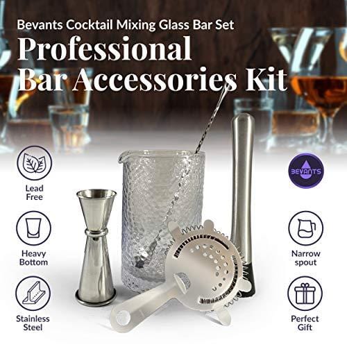 Bevants Cocktail Mixing Glass Bar Set - Bartender Kit Stainless Steel -24 oz Crystal Mixing Glass for Home Bar - 5 Piece Bar Accessories- Hawthorne Strainer, Bar Spoon, Jigger and Muddler. Great Gift on Sale