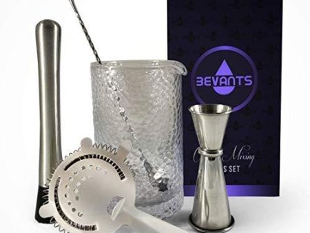 Bevants Cocktail Mixing Glass Bar Set - Bartender Kit Stainless Steel -24 oz Crystal Mixing Glass for Home Bar - 5 Piece Bar Accessories- Hawthorne Strainer, Bar Spoon, Jigger and Muddler. Great Gift on Sale