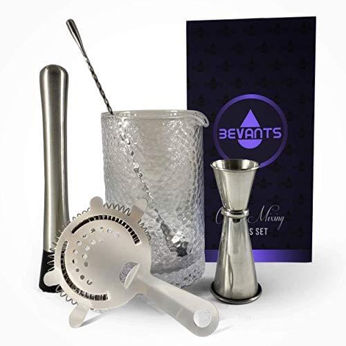 Bevants Cocktail Mixing Glass Bar Set - Bartender Kit Stainless Steel -24 oz Crystal Mixing Glass for Home Bar - 5 Piece Bar Accessories- Hawthorne Strainer, Bar Spoon, Jigger and Muddler. Great Gift on Sale