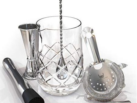 Cocktail Mixing Glass 6 piece Cocktail Set Large 25 ounce Mixing Glass with Hand Carved Diamond Cut Muddler Jigger Mixing spoon Hawthorn Strainer and Bar Knife Bar Tools are Shiny Stainless Steel Discount