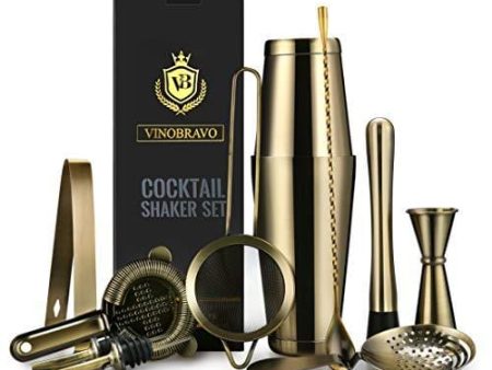 11-Piece Bartender Kit Boston Cocktail Shaker Bar Set by VinoBravo : 2 Weighted Shaker Tins, Strainer Set, Double Jigger, Bar Spoon, Ice Muddler & Tong, 2 Liquor Pourers & Recipe Guide (Antique Brass) Online Hot Sale