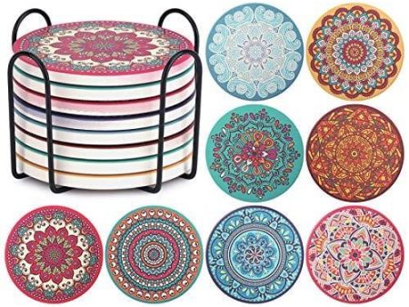 CHEFBEE Set of 8 Coaster for Drinks Absorbent Mandala Ceramic Coasters with Cork Base, Metal Holder, Stone Coasters Set for Wooden Table, Great Home and Dining Room Decor, Housewarming Gift For Cheap