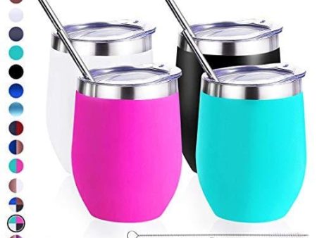 Zonegrace 4 pack 12 oz Stainless Steel Stemless Wine Glass Tumbler Multicolor Double Wall Vacuum Insulated Wine Tumbler with Lids Set of 4 for Coffee, Wine, Cocktails, Ice Cream Including 4 Straws Cheap