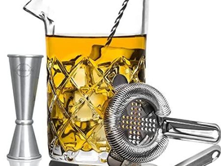 Lighten Life Cocktail Mixing Glass Set,Bar Mixing Set with 20oz Crystal Thick Bottom Glass,Spoon, Jigger,Strainer and Muddle,5 Pieces Cocktail Mixing Glass Kits Perfect for Amateurs and Bartenders Fashion