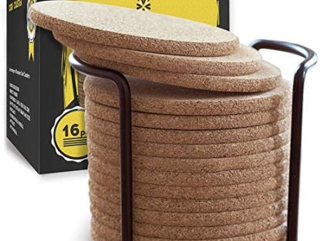 Cork Coasters with Round Edge 4 inches 16pc Set with Metal Holder Storage Caddy – Thick Plain Absorbent Heat-Resistant Reusable Saucers for Cold Drinks Wine Glasses Plants Cups & Mugs Hot on Sale