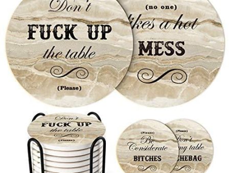 LIFVER Funny Coasters for Drinks Absorbent with Holder,8 Set Coasters with Cork Base, Ceramic Marble Style Drink Coaster with 4 Sayings for Wooden Table, Bar, Housewarming Gifts Fashion