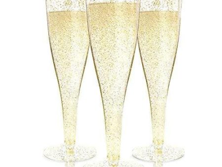 100 Plastic Champagne Flutes Disposable | Gold Glitter Plastic Champagne Glasses for Parties | Glitter Clear Plastic Cups | Plastic Toasting Glasses | Mimosa Glasses | Wedding Party Bulk Pack For Cheap